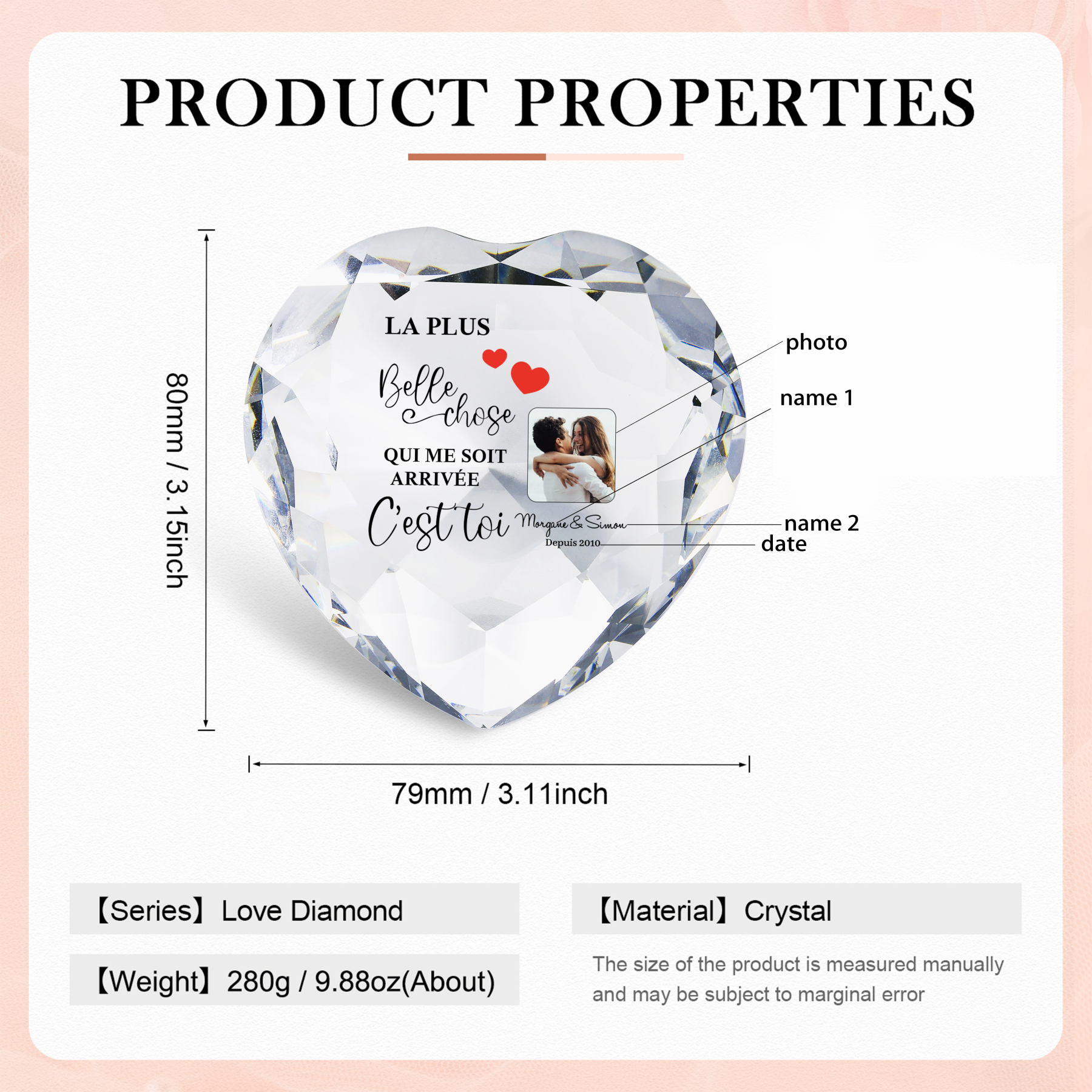Décoration Cristal Cœur 2 Prénoms et 1 Photo Personnalisés avec Date pour Couple