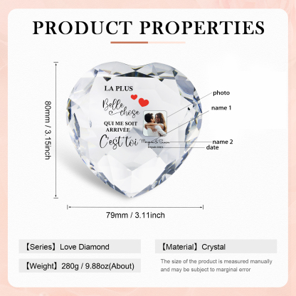 Décoration Cristal Cœur 2 Prénoms et 1 Photo Personnalisés avec Date pour Couple