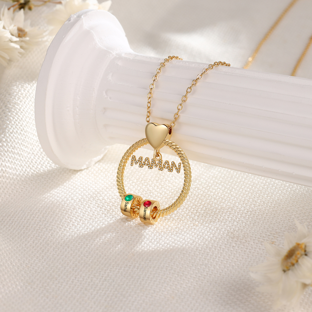 À ma Maman - Collier Pendentif 2 Prénoms Personnalisés avec Pierre de naissance