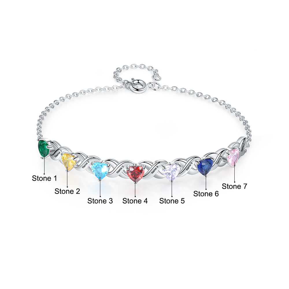 Bracelet à Breloque 7 Prénoms Personnalisé avec 7 Pierres de Naissance