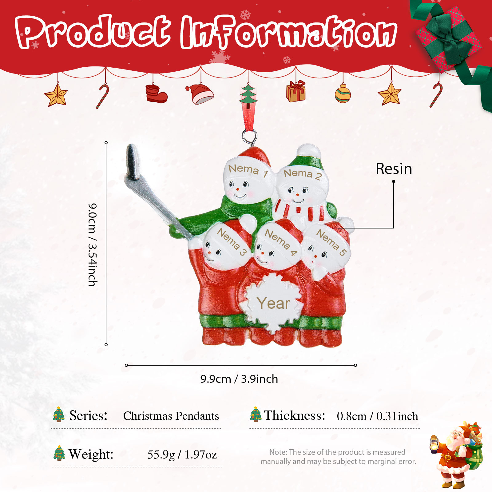Ornements de Noël en Résine Bonhomme de Neige 5 Prénoms Personnalisés avec Année