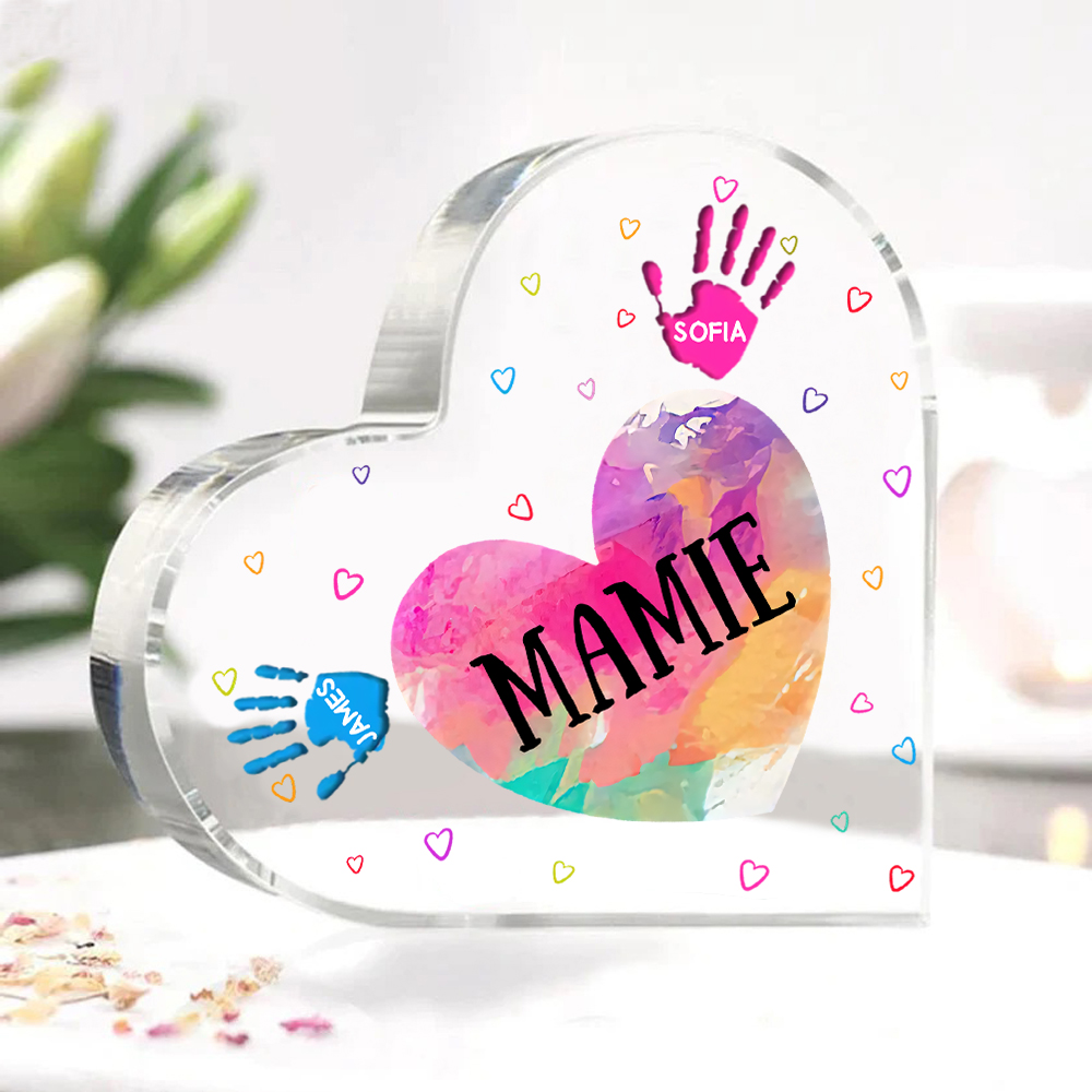 À ma Maman/Mamie - Plaque Acrylique Mains et Enfants en Forme de Cœur 3 Prénoms Personnalisés