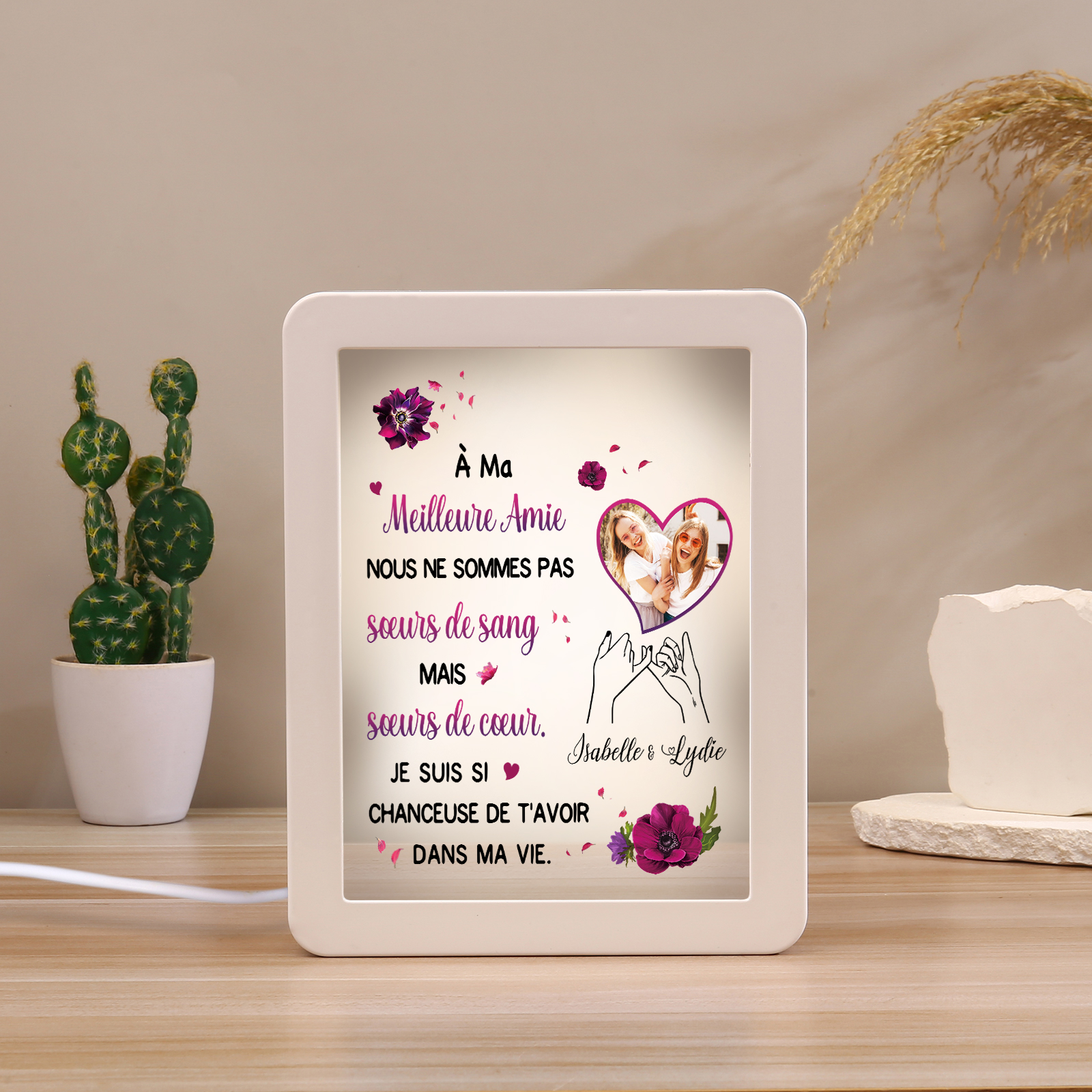 À ma Meilleure Amie - Cadre Photo/Miroir LED multifonctionnel 2 Prénoms Personnalisés avec 1 Photo