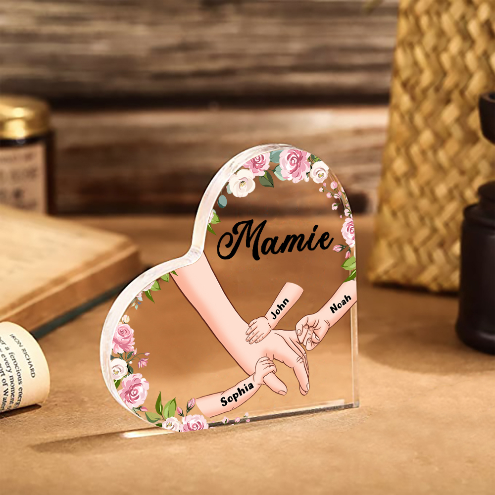 Plaque Acrylique en Forme de Cœur La Main Dans La Main 3 Prénoms Personnalisés avec Texte