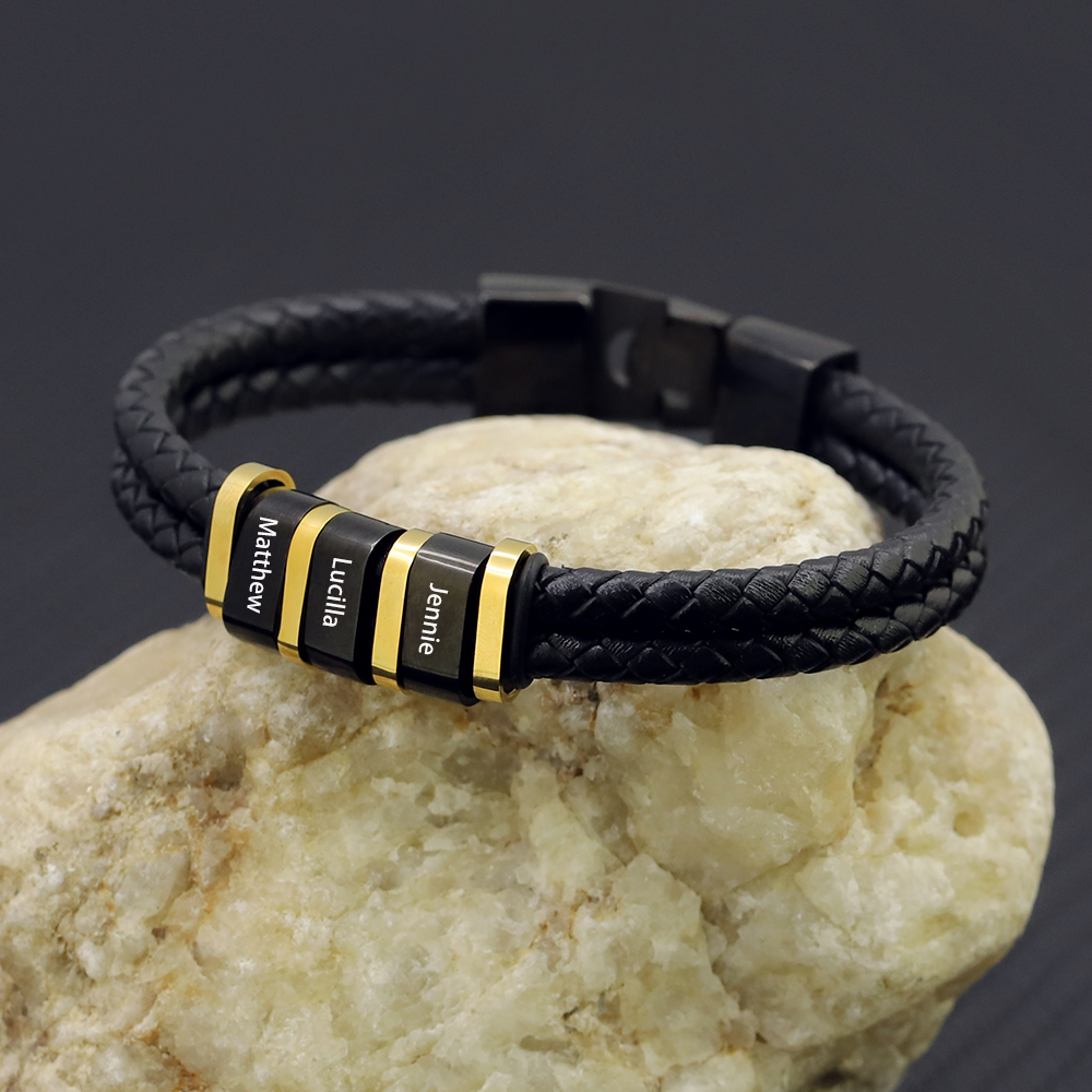 Bracelet Homme Personnalisé en Cuir Tressé avec Gravure de 3 Noms | Cadeau Unique