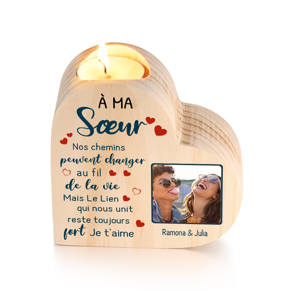 À Ma Sœur - Bougeoir en Bois 2 Prénoms Personnalisés avec Photo sans bougie