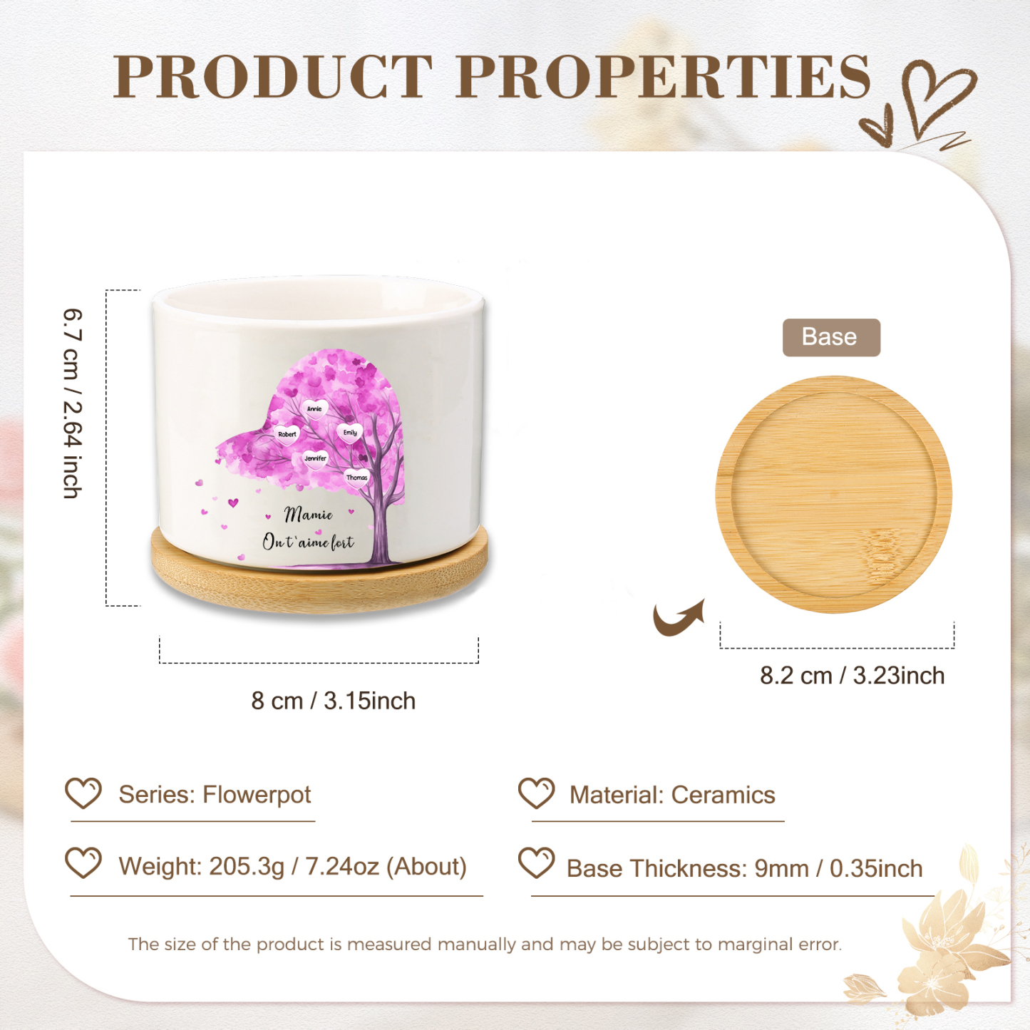 Vase/Pot de Fleurs Arbre 5 Prénoms et 1 Texte Personnalisés Décoration de la Maison (sans plantes)