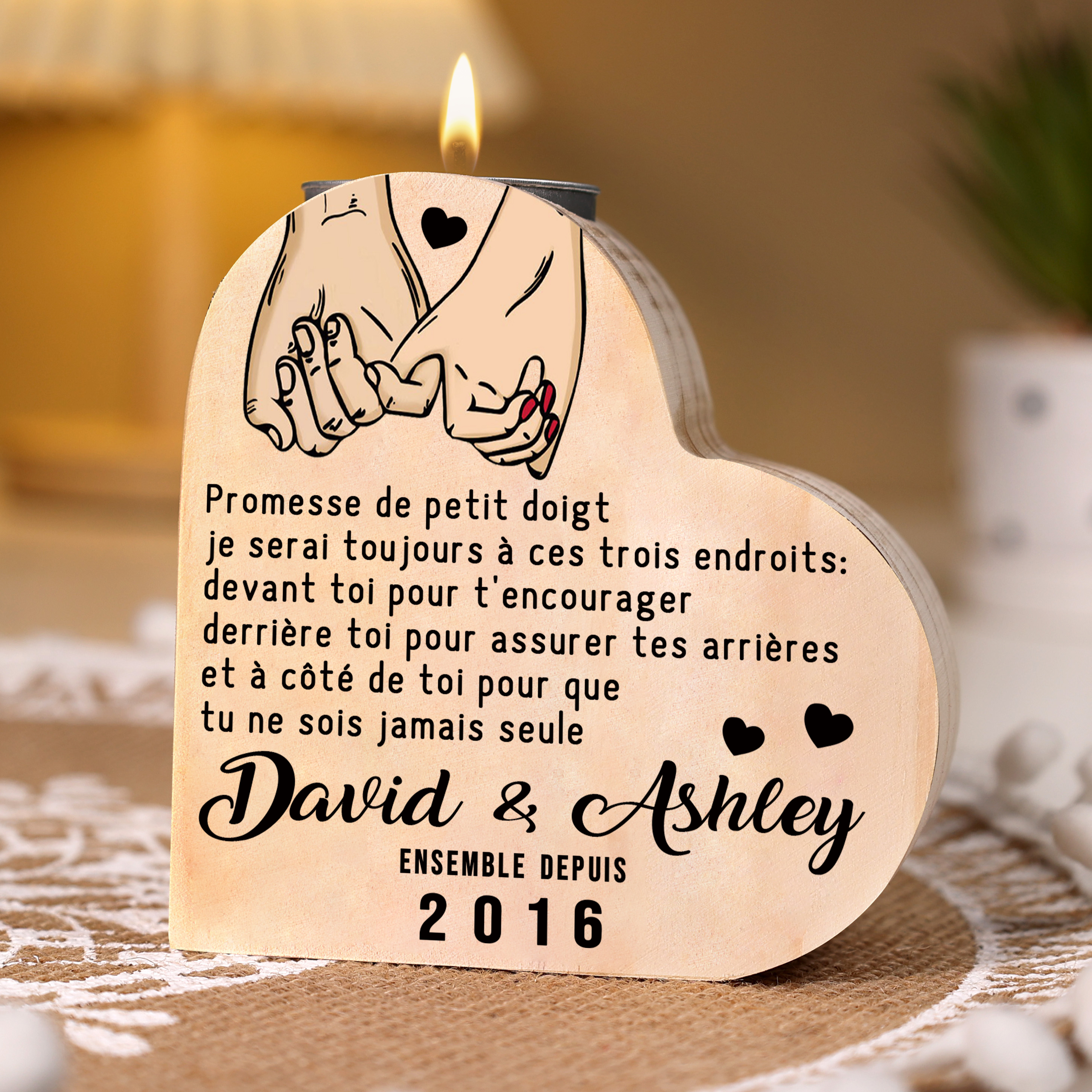 Bougeoir en Bois Pour Couple 2 Prénoms Personnalisés avec Texte sans bougie | Jessemade