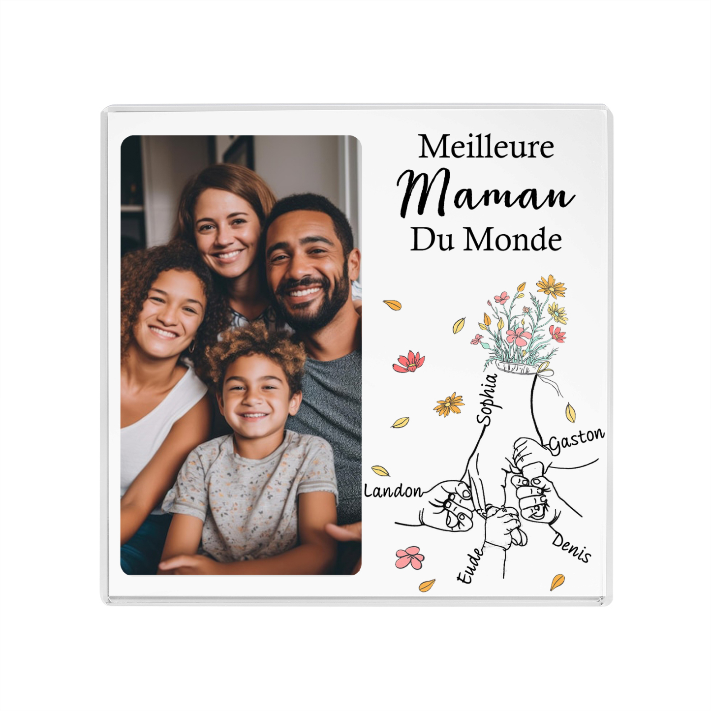 À ma Maman - Plaque Acrylique Carrée la Main dans la Main 5 Prénoms Personnalisés avec Photo