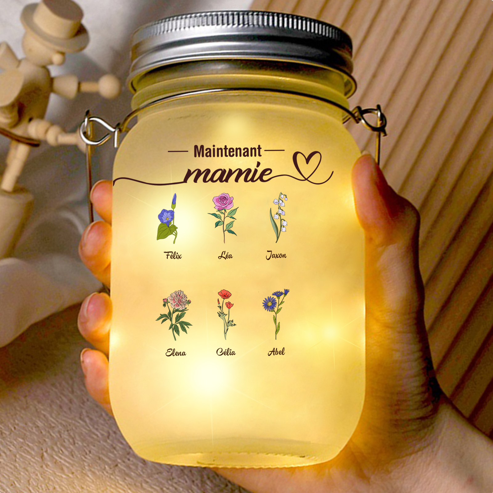Bouteille Lumineuse en verre Personnalisée de style Mason Jar à motif floral – cadeau « D’abord maman, maintenant mamie »