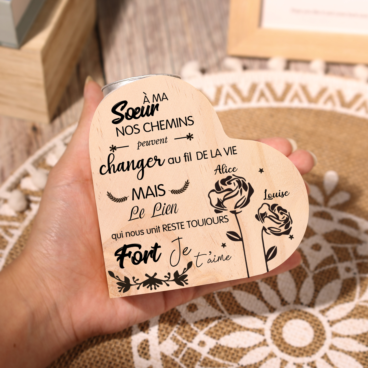 À Ma Sœur - Bougeoir en Bois 2 Prénoms Personnalisés sans bougie