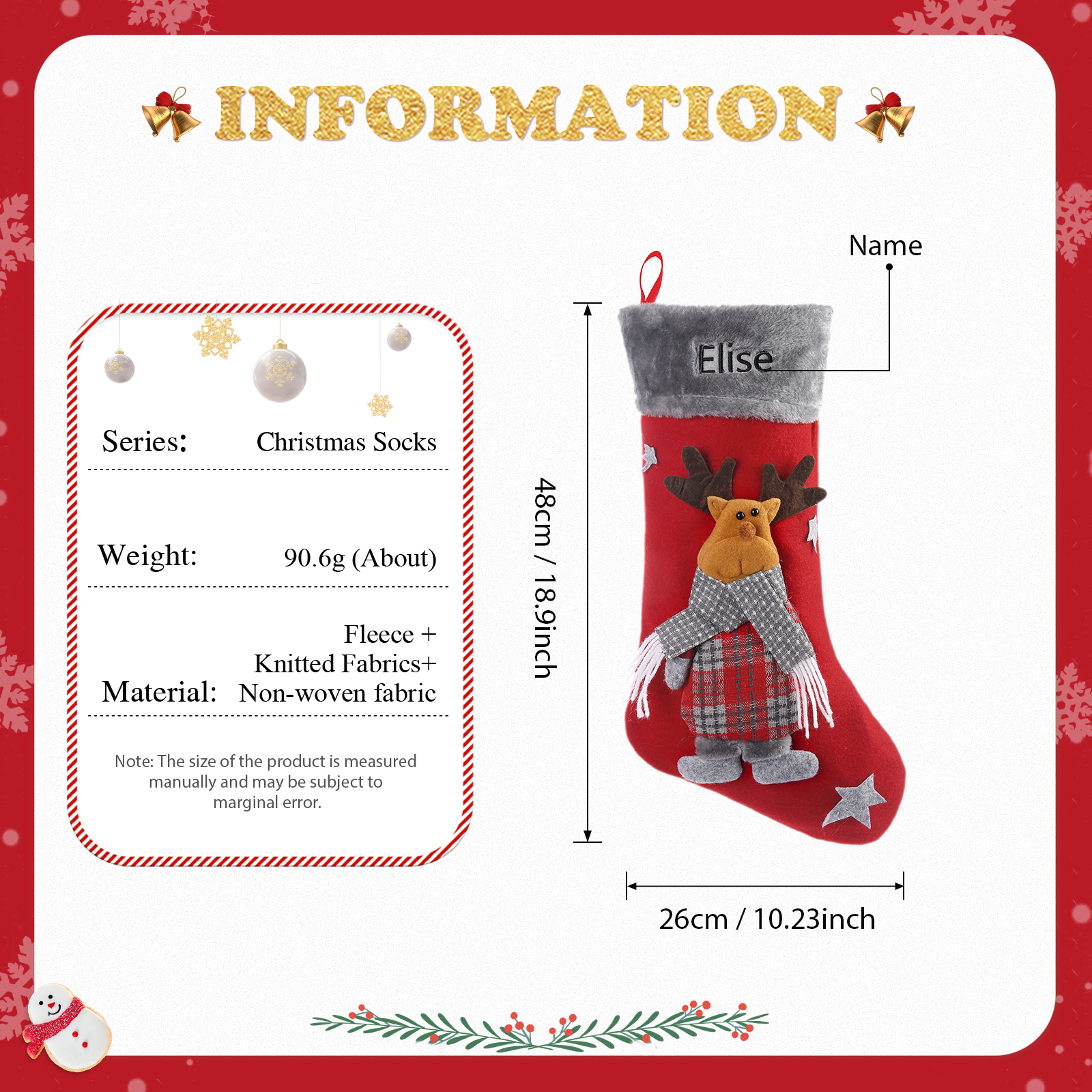 Ornements Chaussette Sac Cabas de Noël 1 Prénom Personnalisé