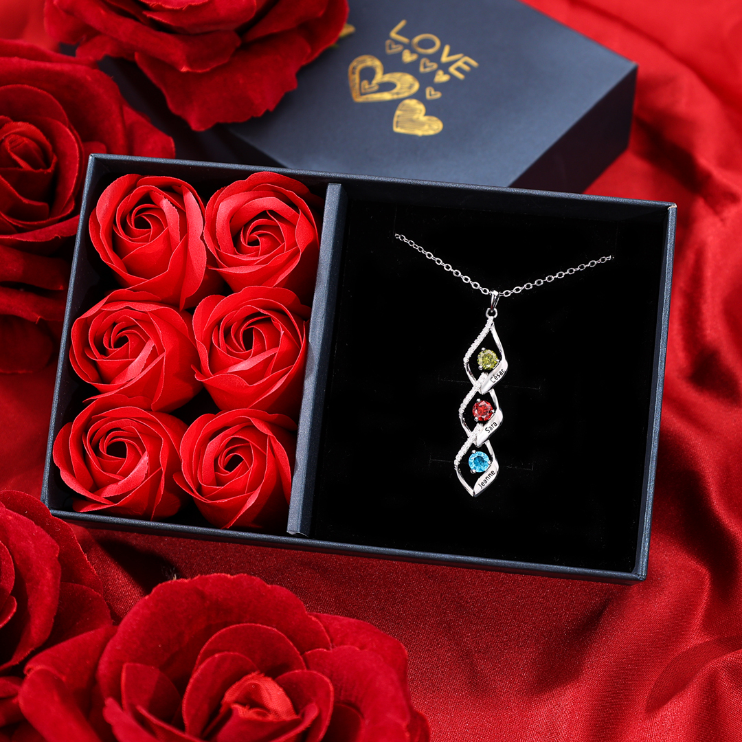 Collier Pendentif infini 3 Prénoms Personnalisés avec Pierre de naissance pour Femmes