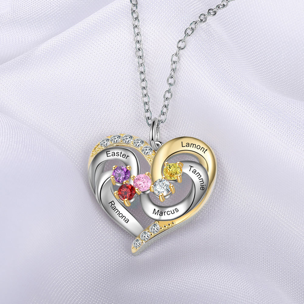Collier Prénom cœur Argent 925 5 Prénom 5 pierre de naissance