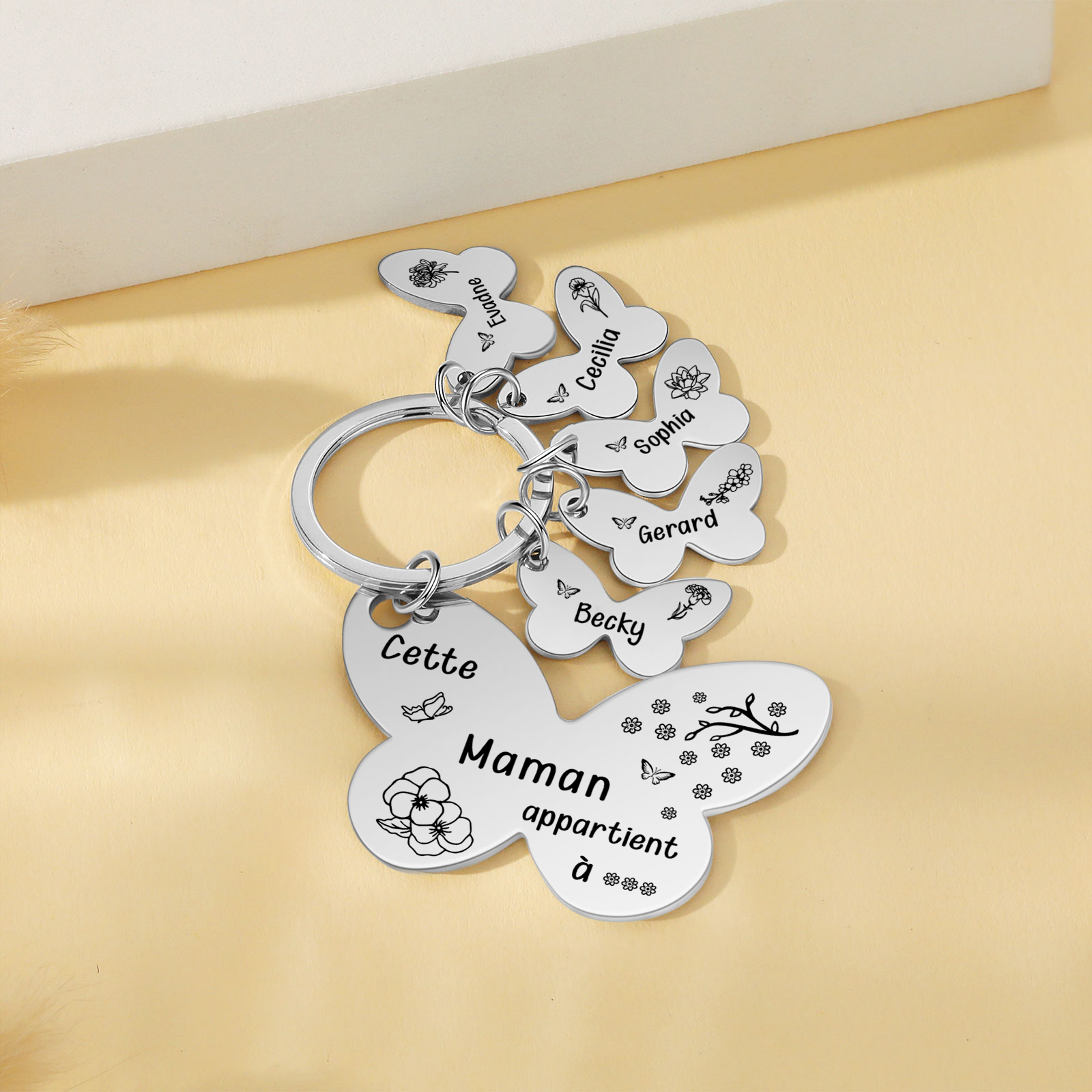 À Maman/Mamie - Porte-Clés Papillon 5 Prénoms et Fleurs de Naissance Personnalisés avec Texte 