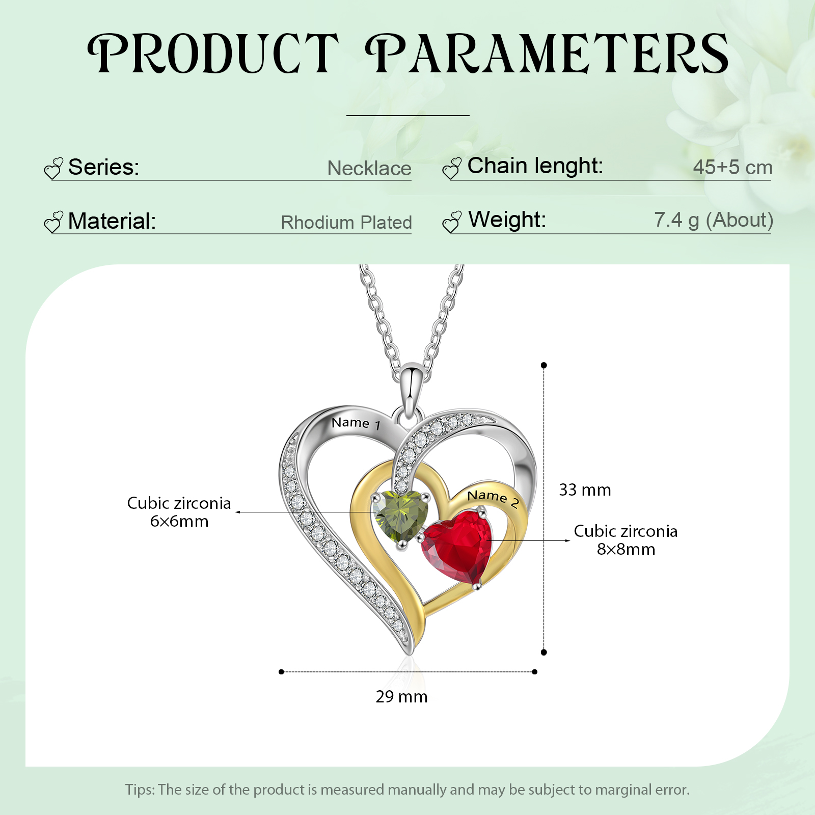 Collier Cœur 2 Prénoms Personnalisés avec 2 Pierre de naissance