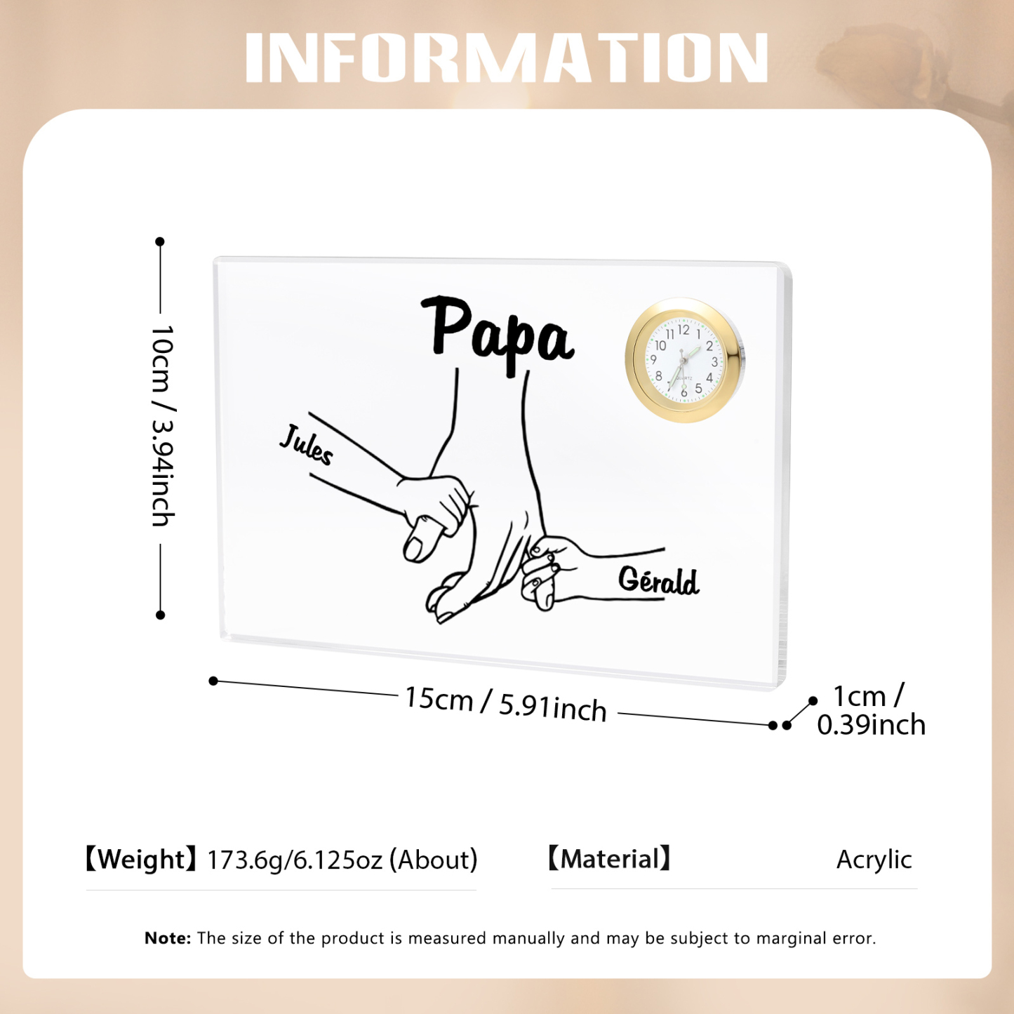 À mon Papa - Plaque Acrylique rectangle avec Horloge la main dans la main 2 Prénoms Personnalisés