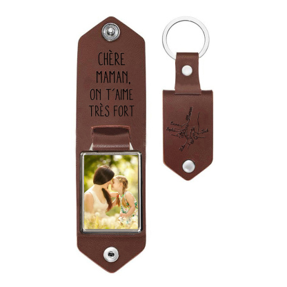 À ma Maman - Porte-Clés Cuir la Main dans la Main 4 Prénoms Personnalisés avec Photo