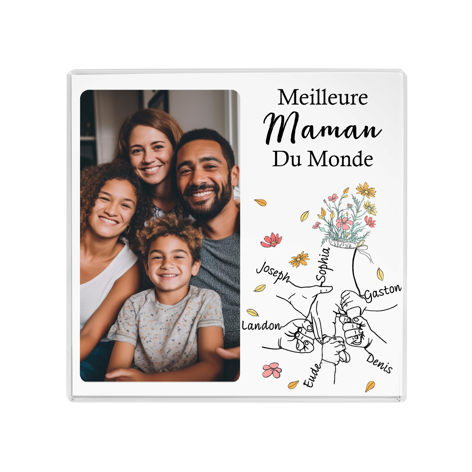 À ma Maman - Plaque Acrylique Carrée la Main dans la Main 6 Prénoms Personnalisés avec Photo