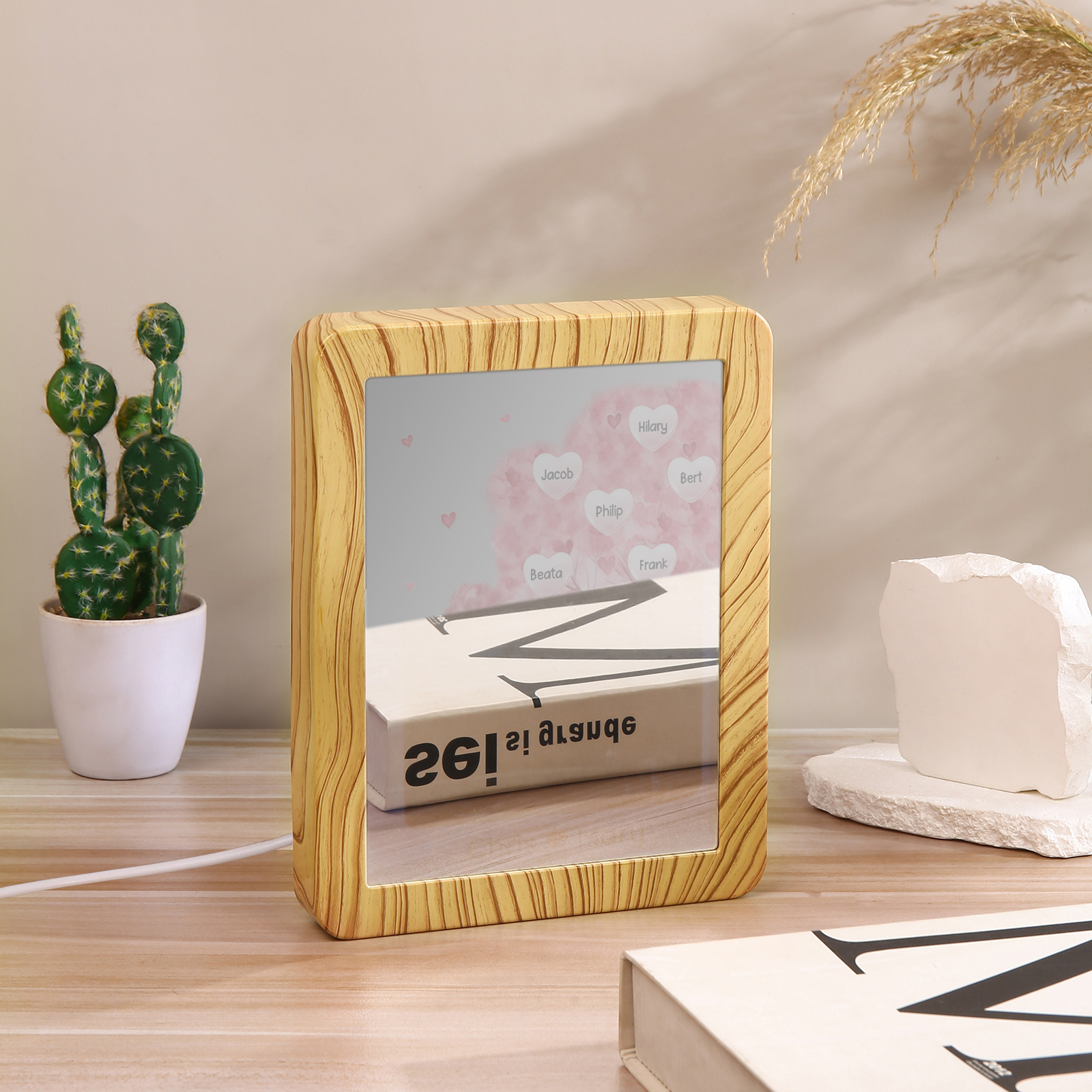 Cadre Photo/Miroir LED Multifonctionnel Arbre 8 Prénoms Personnalisés avec Texte pour Famille