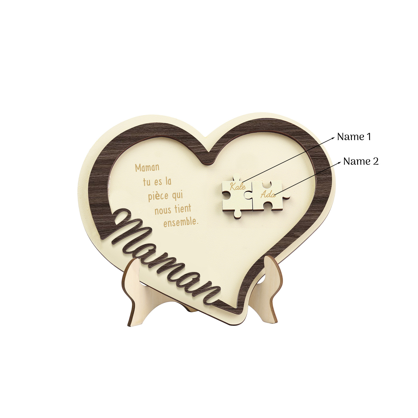 À ma Maman - Décoration en bois Cœur Puzzle 2 Prénoms Personnalisés Ornement pour Famille