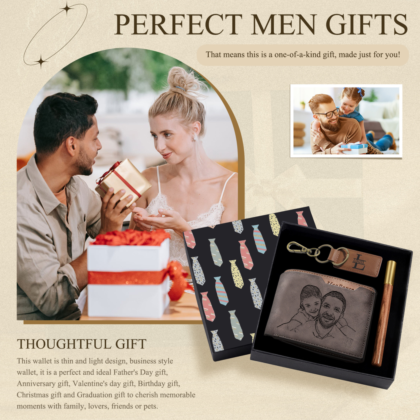 Coffret Cadeau 3PCS - Portefeuille classique Porte-Clés et Stylo 1 Photo et Texte Personnalisés avec 1 Prénom et Lettre Coffret Cadeau pour Homme