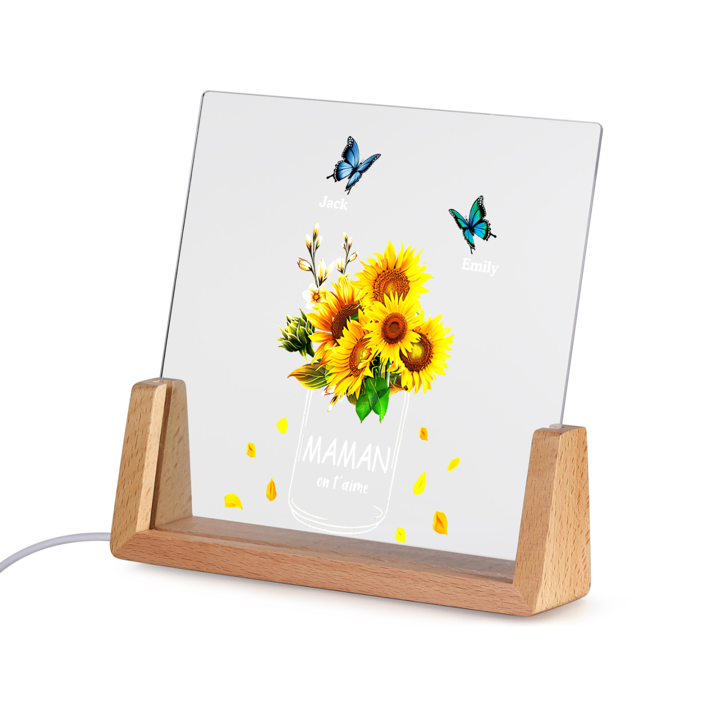 À Maman/Mamie - Lampe de chevet LED Tournesol 2 Prénoms Personnalisés avec 2 Textes pour Famille