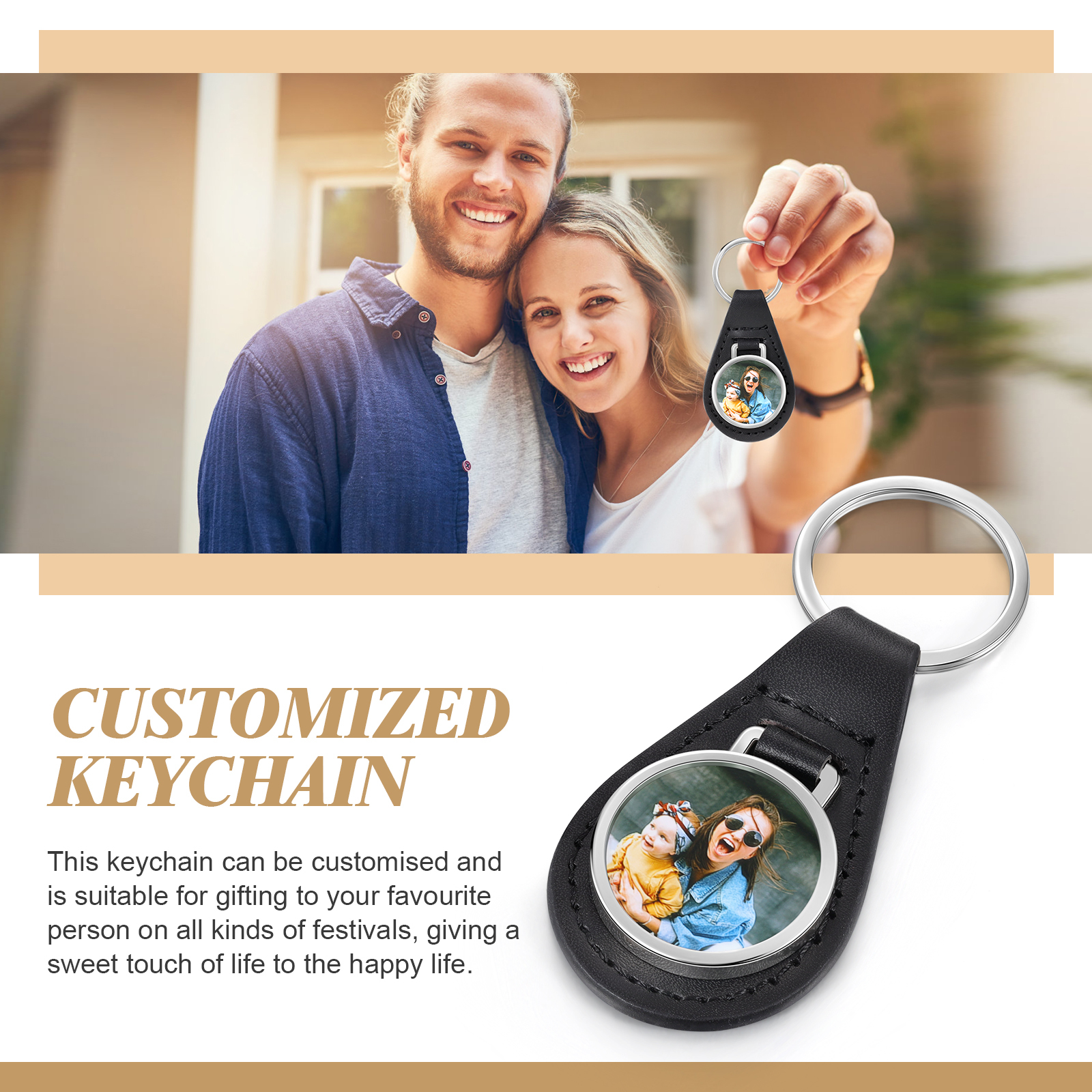 Porte-Clés Cuir PU Ovale Photo Personnalisée Porte-Clés Homme