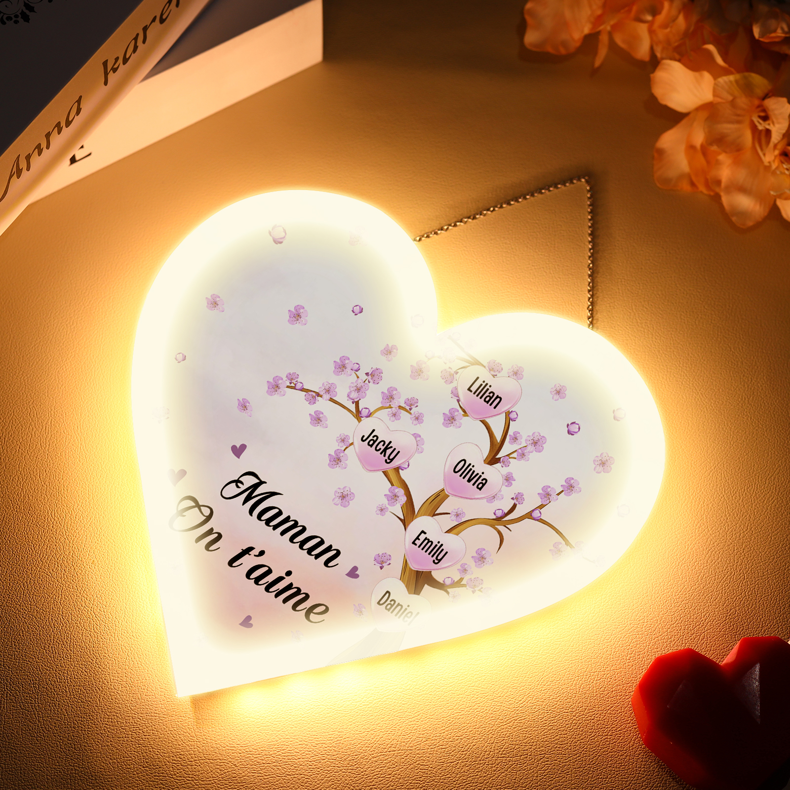 À Maman/Mamie - Veilleuse Cœur Décoration Arbre 5 Prénoms Personnalisés avec 1 Texte