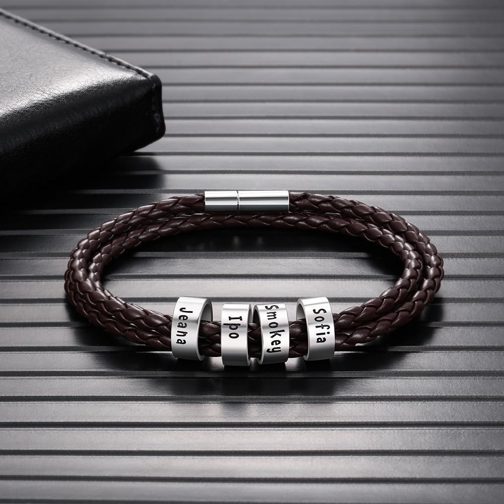 Bracelet Cuir tressé Prénom Personnalisé Bracelet Homme Avec 4 Perles Cadeau Pour Lui