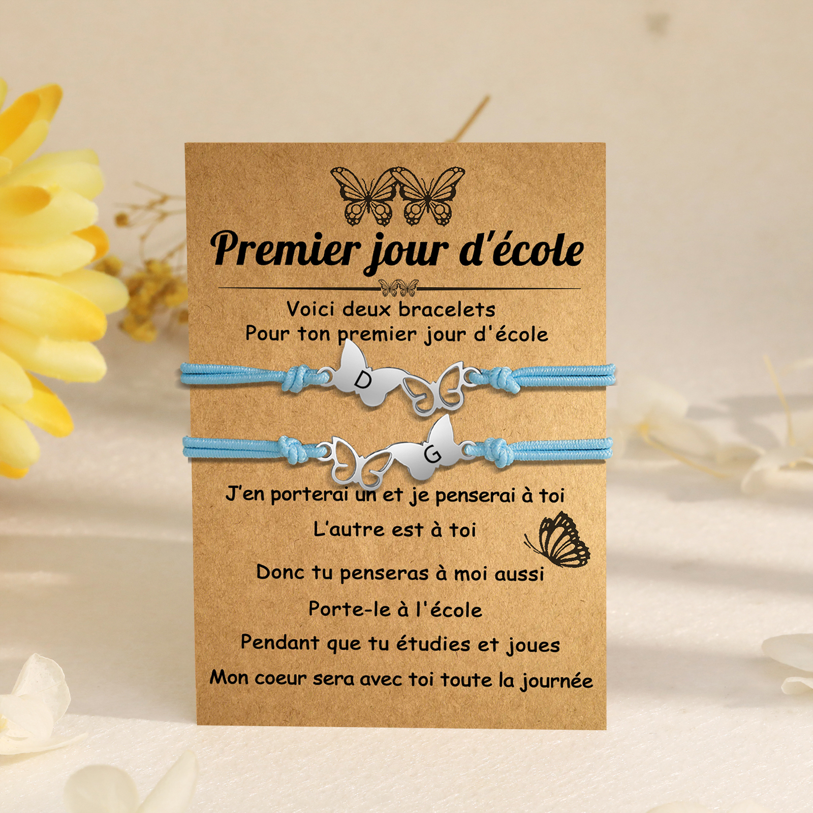 2PCS Bracelet Initiale Papillons 2 Lettres Personnalisées Corde élastiques Cadeau Rentrée Scolaire Premier jour d’école｜Jessemade