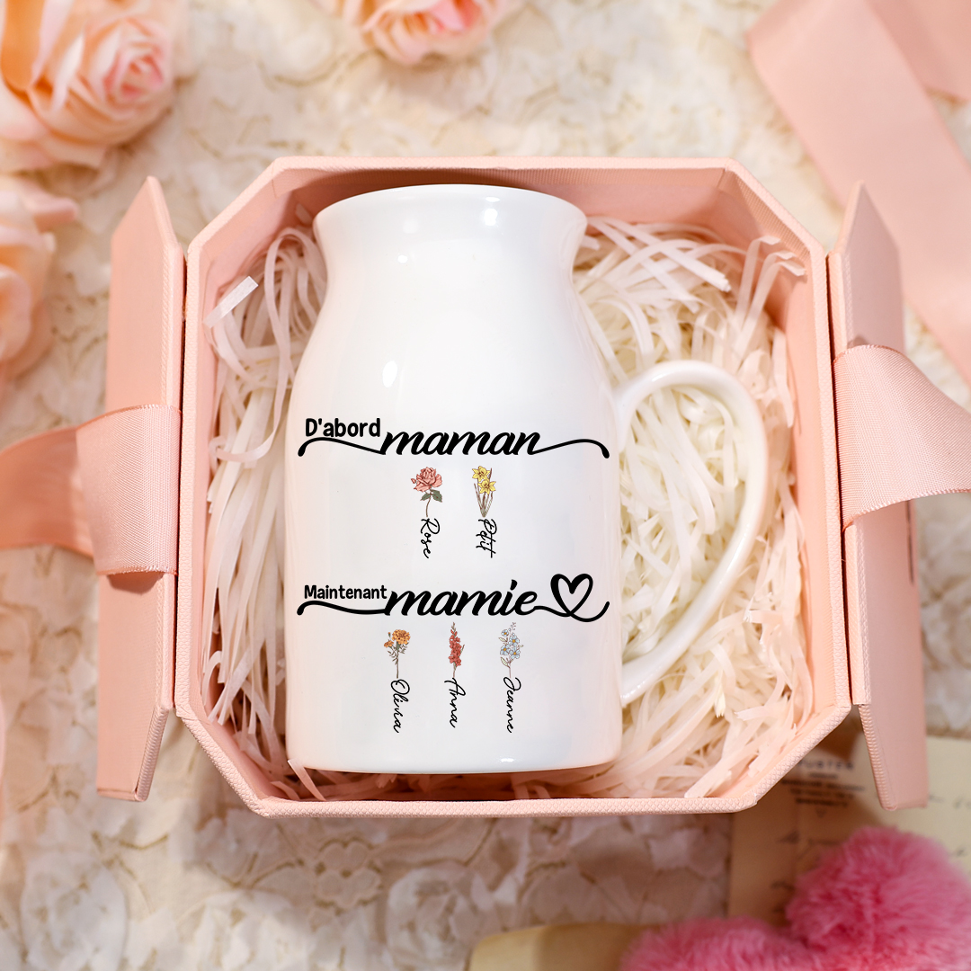 🔥Cadeau Émouvant-Vase à Fleurs Personnalisé 2-12Prénoms & Fleurs de Naissance en Céramique (sans fleurs)  | Cadeau Fête des Mères | Jessemade