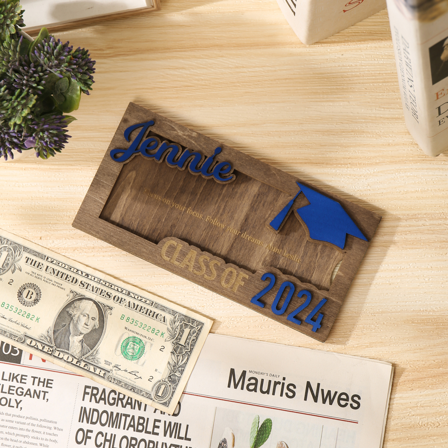 Porte-Cartes Diplômé en bois Prénom et Texte Personnalisés Cadeau de Graduation