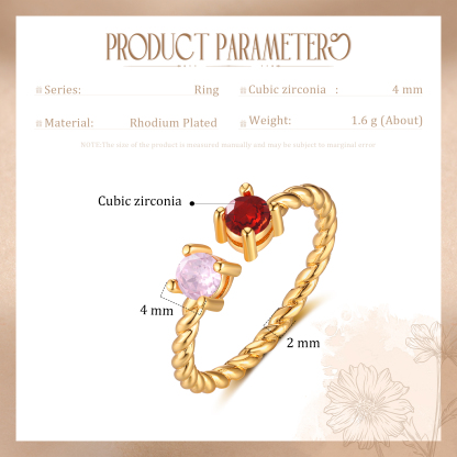 Bague Ouverte 2 Pierres de naissance Personnalisées pour Femmes