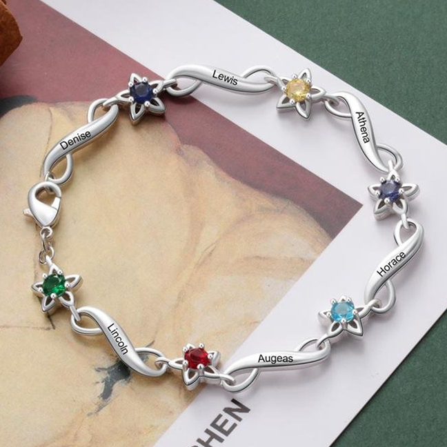 Bracelet infini à Breloque 6 Prénom Personnalisé avec 6 Pierre de Naissance