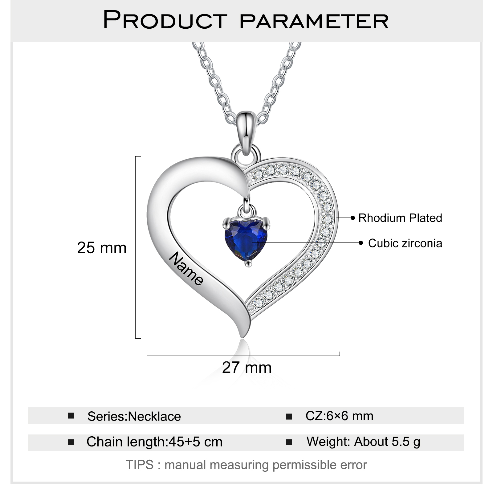 Collier 1 Prénom Personnalisé Pendentif Cœur avec 1 Pierre de Naissance