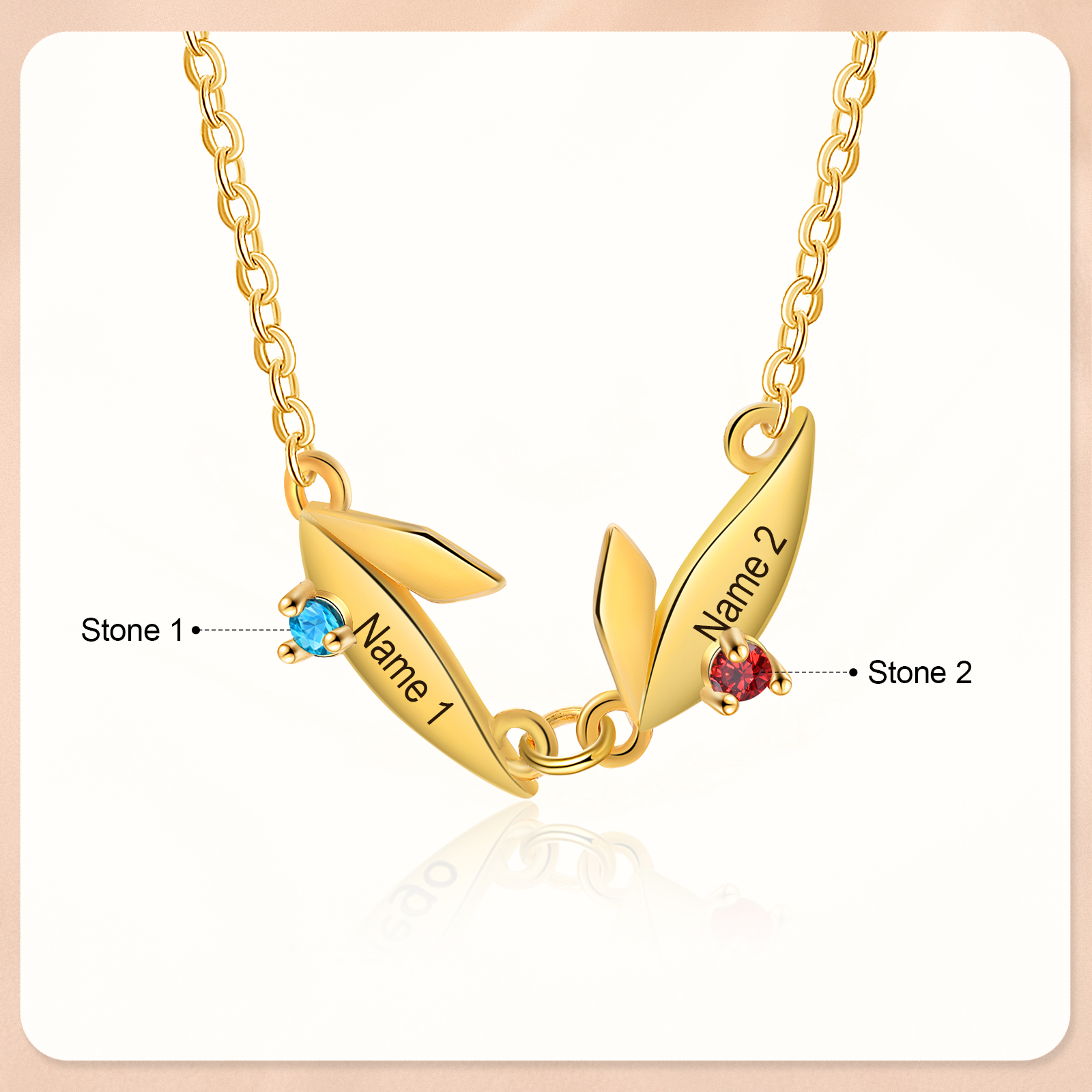 Collier Feuille 2 Prénoms Personnalisés avec Pierre de naissance Collier Femmes