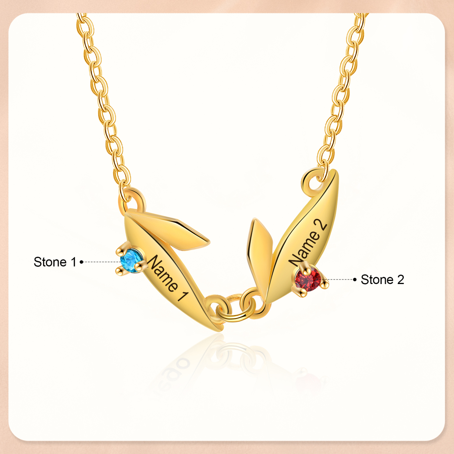 Collier Feuille 2 Prénoms Personnalisés avec Pierre de naissance Collier Femmes
