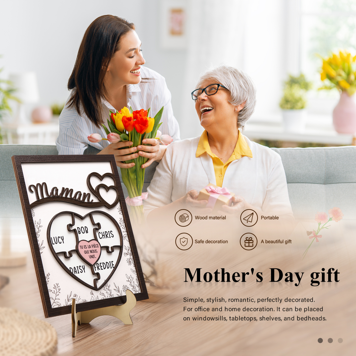 À ma Maman - Décoration en bois Cœur et Puzzle 5 Prénoms Personnalisés Ornement pour Famille