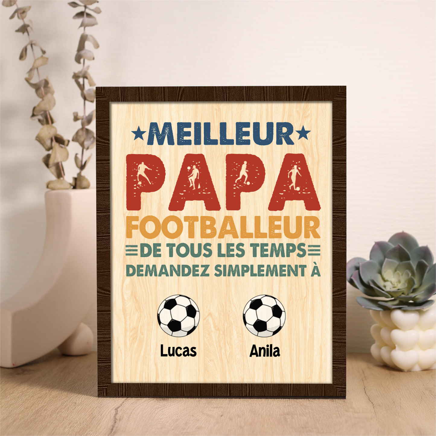 À Mon Papa-Cadre en Bois Football 2 Prénoms Personnalisés