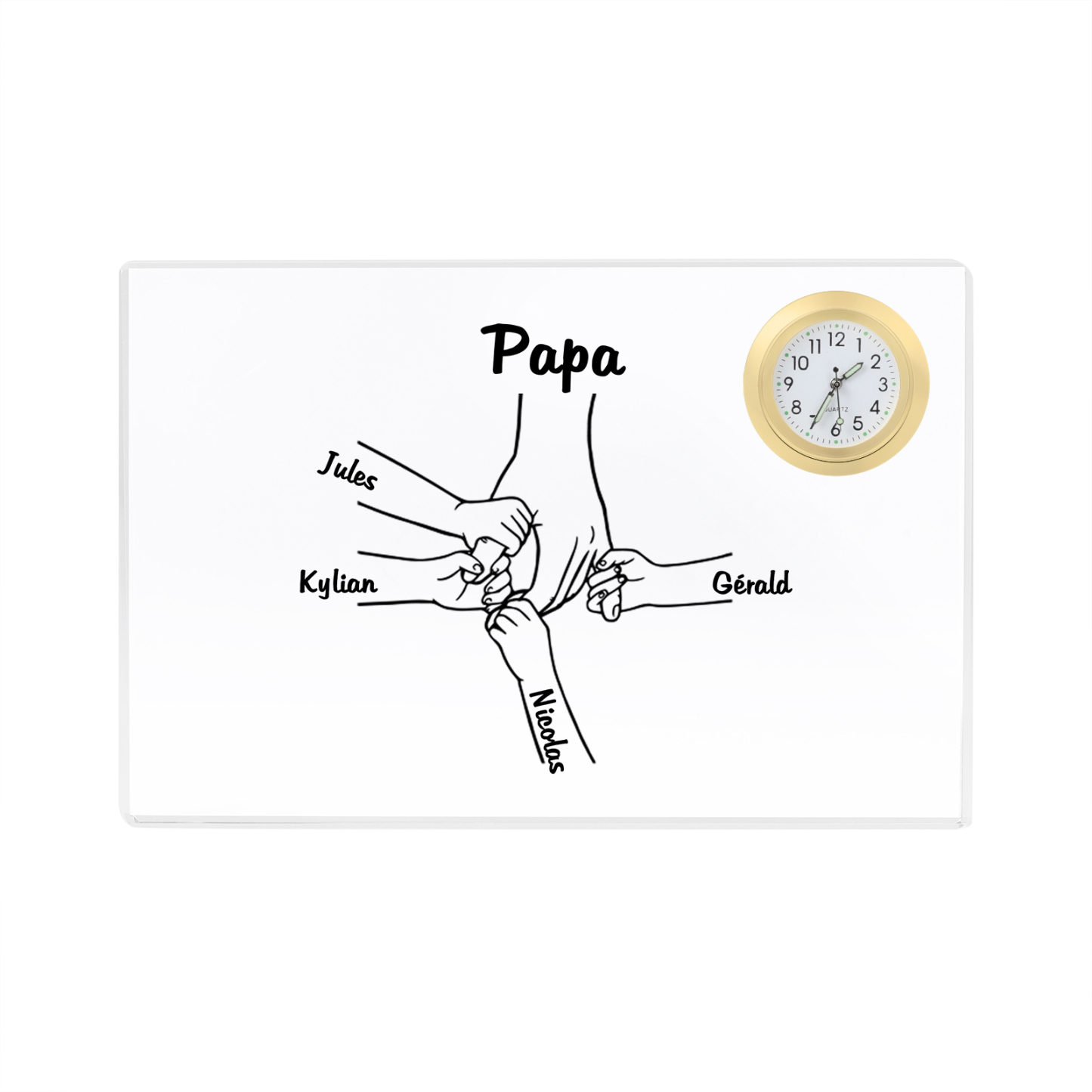À mon Papa - Plaque Acrylique rectangle avec Horloge la main dans la main 4 Prénoms Personnalisés