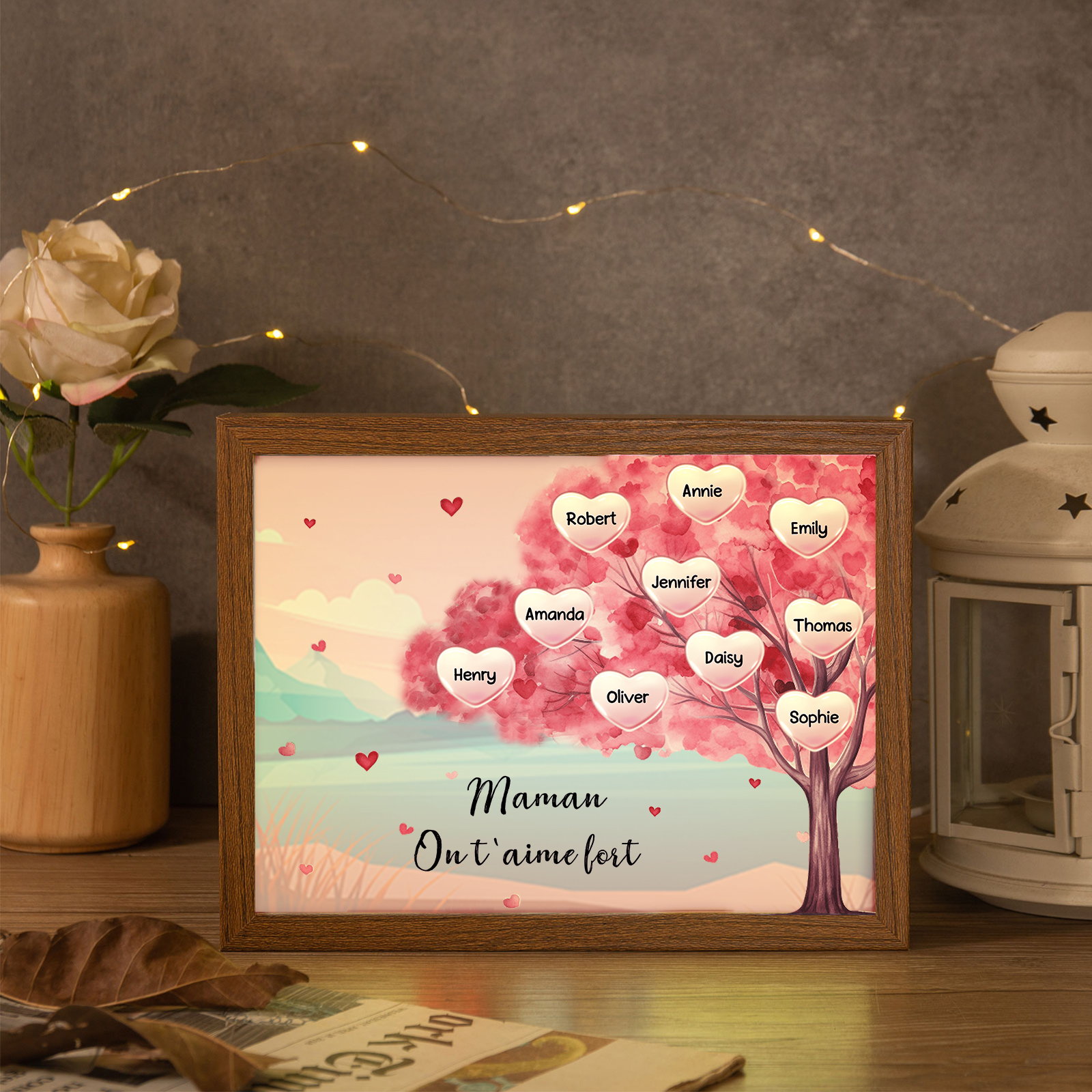 Cadre Photo LED Arbre 10 Prénoms Personnalisés avec 1 Texte Décoration Famille