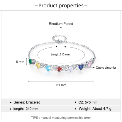 Bracelet à Breloque 7 Prénoms Personnalisé avec 7 Pierres de Naissance