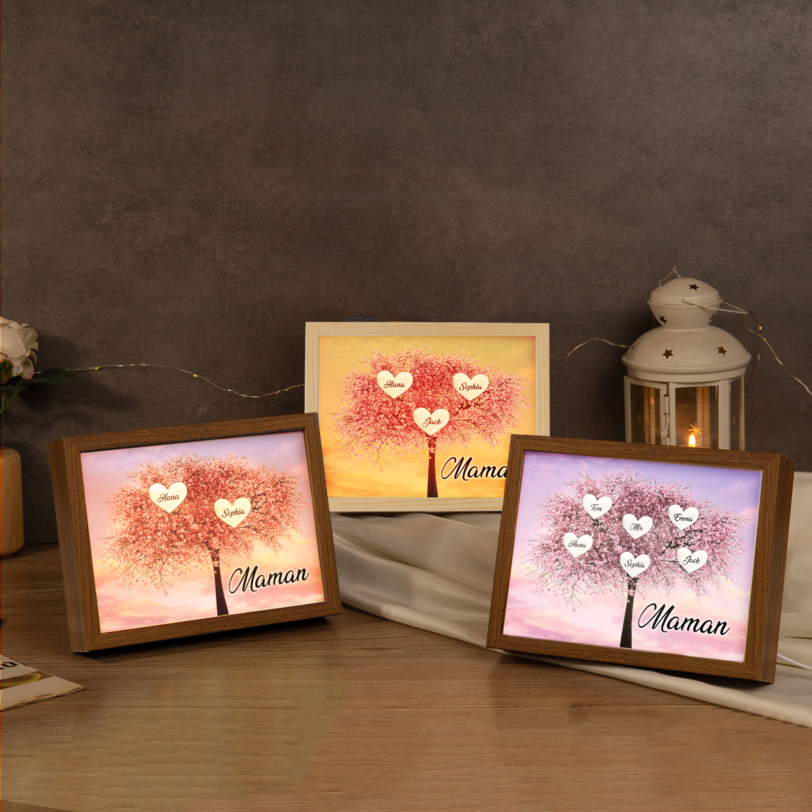 Cadre Photo LED Arbre de Vie 2 Prénoms et 1 Texte Personnalisé Décoration Famille