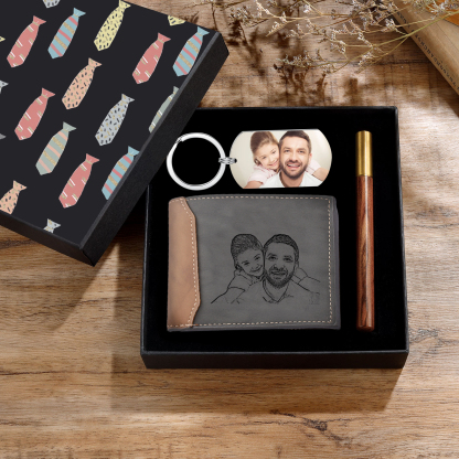 Coffret Cadeau 3PCS - Portefeuille classique Porte-Clés et Stylo 2 Photo et Textes Personnalisés avec Date Coffret Cadeau pour Homme