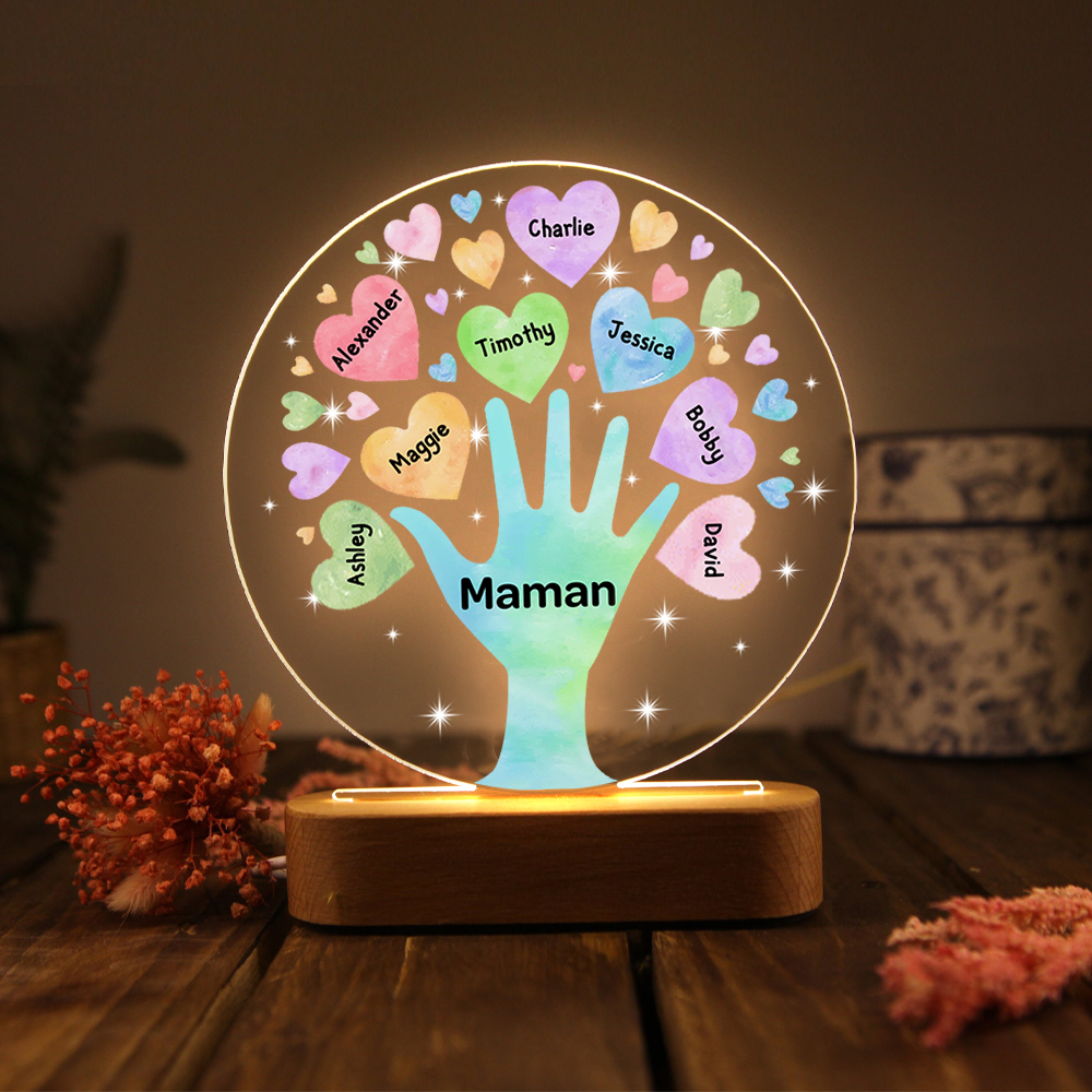 À Maman/Mamie - Lampe de chevet LED Lumières Cœur 8 Prénoms Personnalisés avec 1 Texte pour Famille