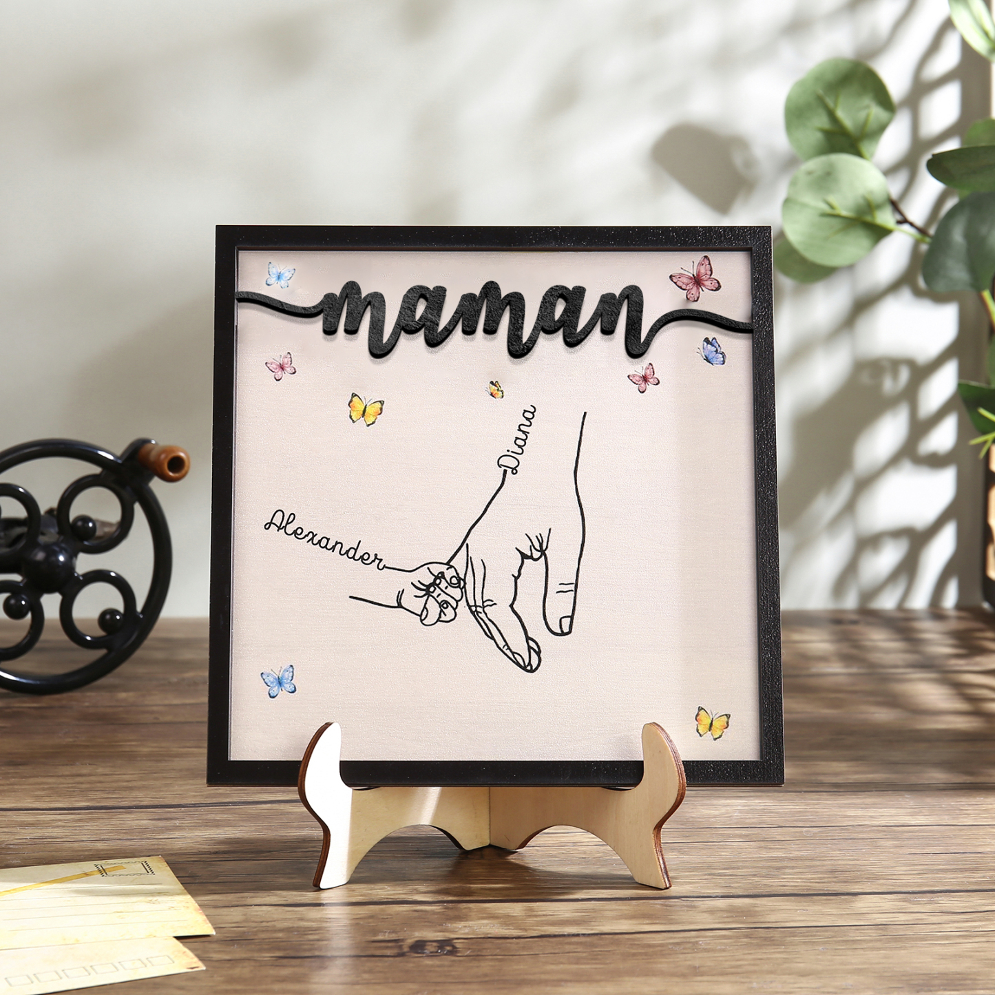 À ma Maman - Décoration en bois la Main dans la Main 2 Prénoms Personnalisés Ornement Famille