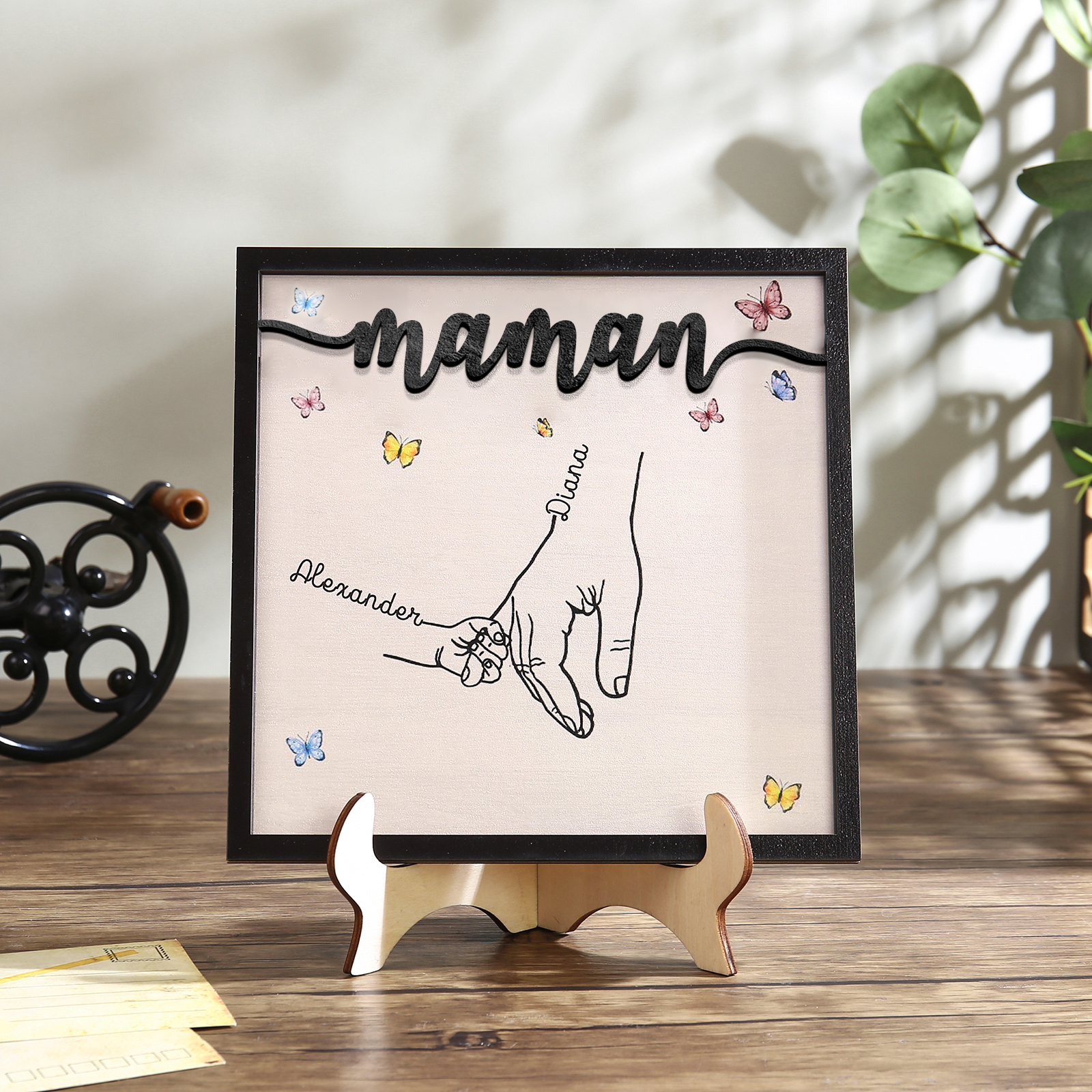 À ma Maman - Décoration en bois la Main dans la Main 2 Prénoms Personnalisés Ornement Famille