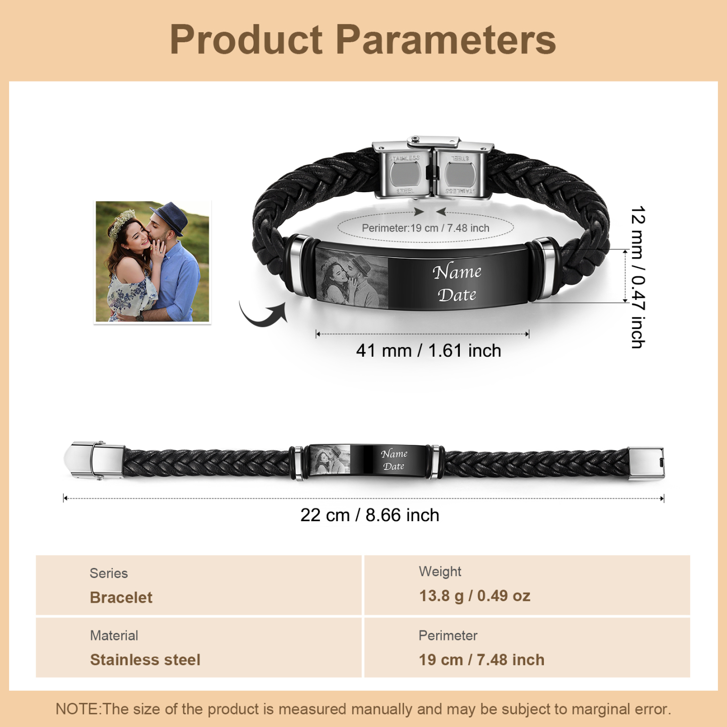 Bracelet Prénom et Photo Personnalisés avec Date pour Homme