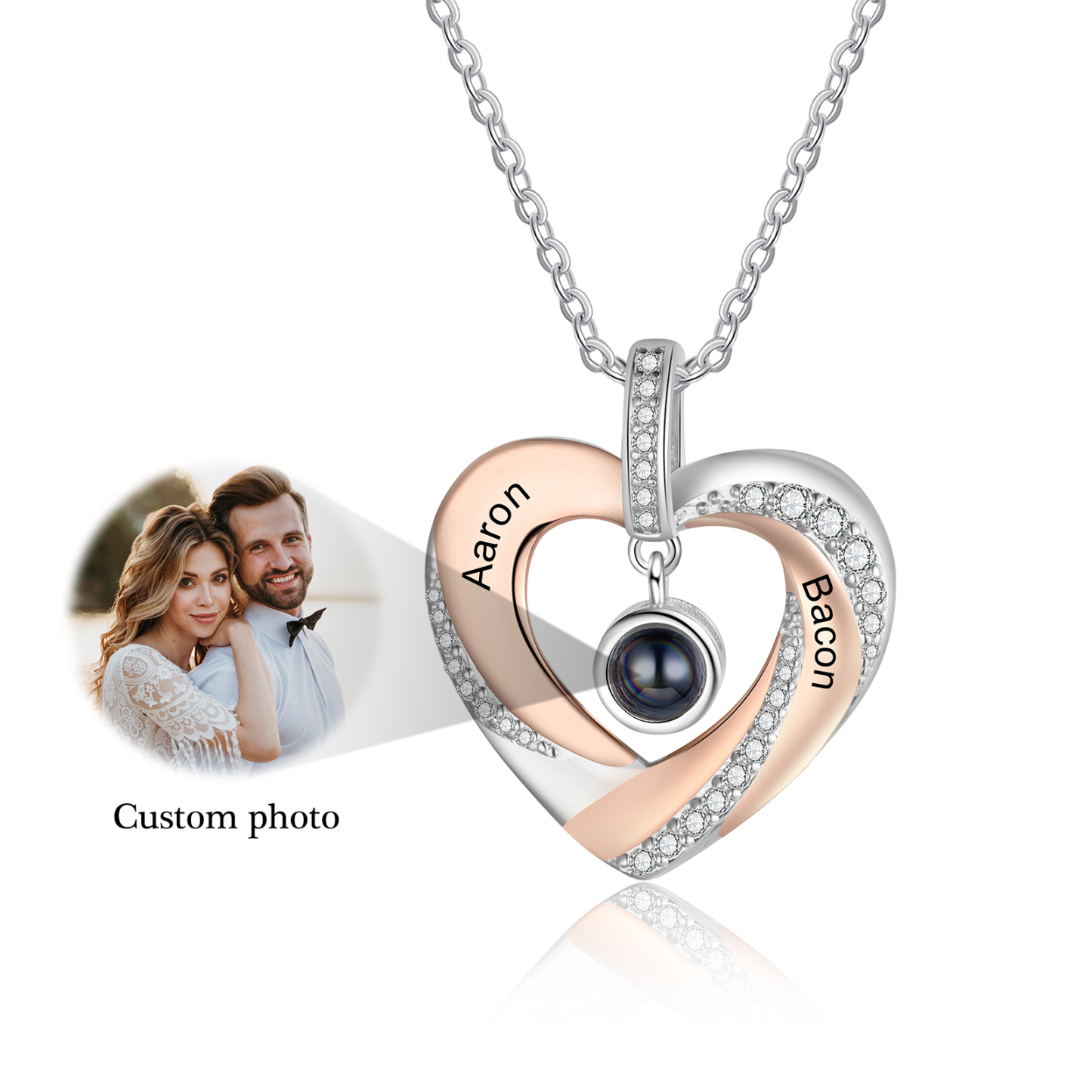Collier Cœur Projection de Pierres 2 Prénoms et 1 Photo Personnalisés